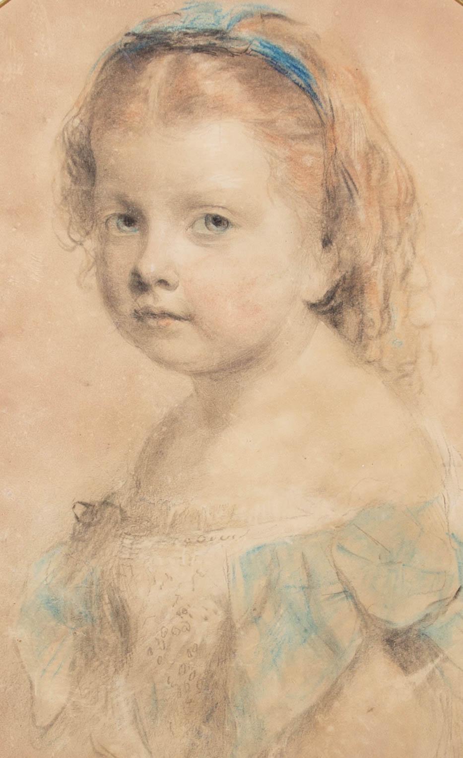 A charming portrait of a young girl drawn in delicate pastel with chalk details. Signed and dated lower right. Presented in an oval gilt frame. On wove.











