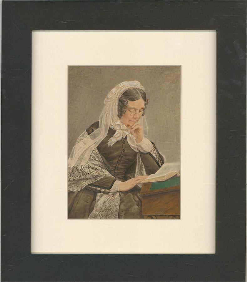 Un ritratto davvero bello di una donna anziana che si concede un momento di tranquillità leggendo un libro sul suo scrittoio. È chiaramente una donna di alto livello, come dimostrano i suoi abiti riccamente strutturati: nastri di raso, scialle di