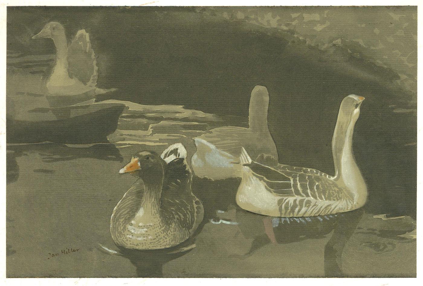 Jan Stanley Hiller (n.1918) - Acuarela de mediados del siglo XX, Alimentando a los pájaros en venta 1