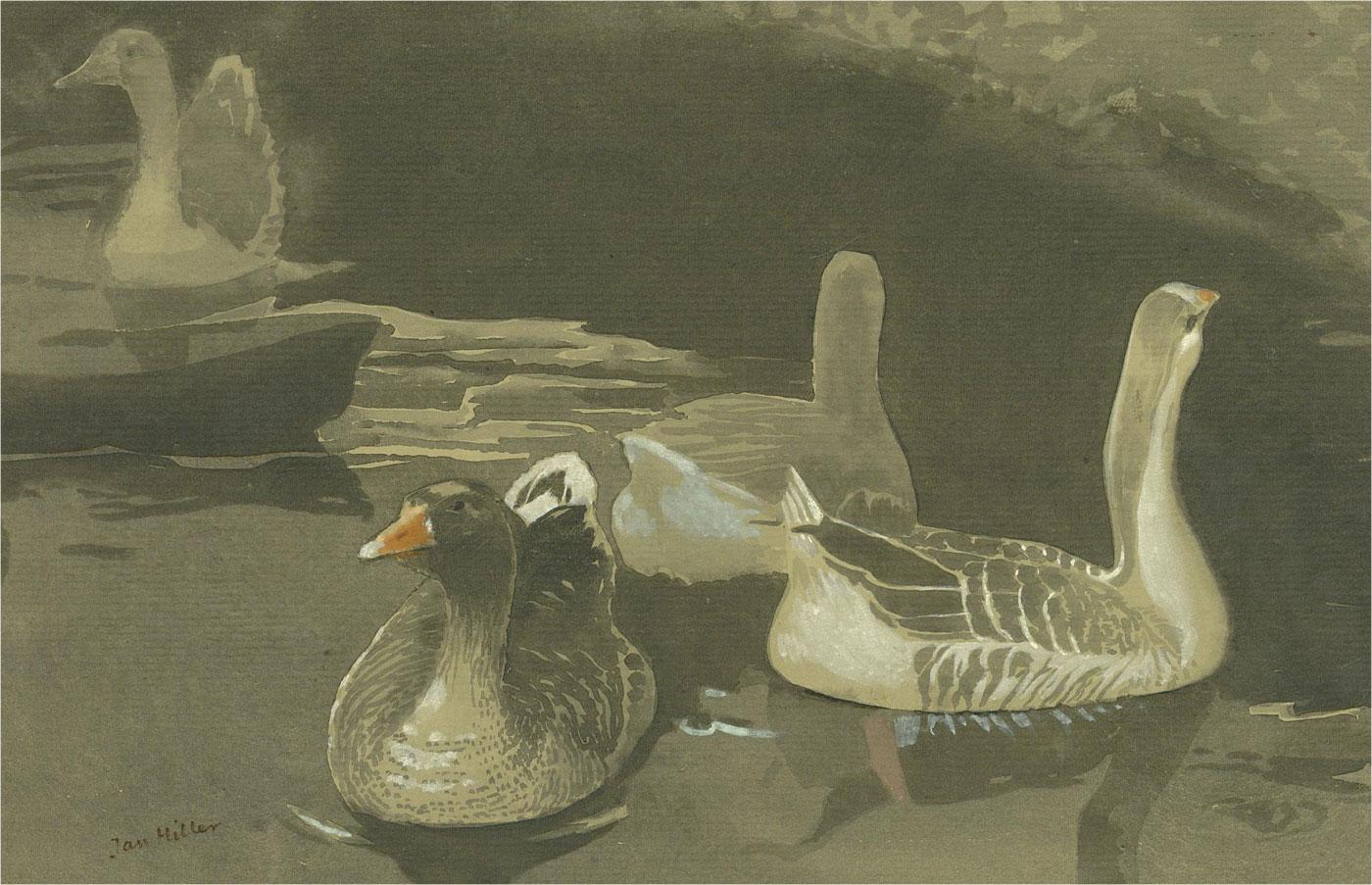 Jan Stanley Hiller (n.1918) - Acuarela de mediados del siglo XX, Alimentando a los pájaros en venta 3