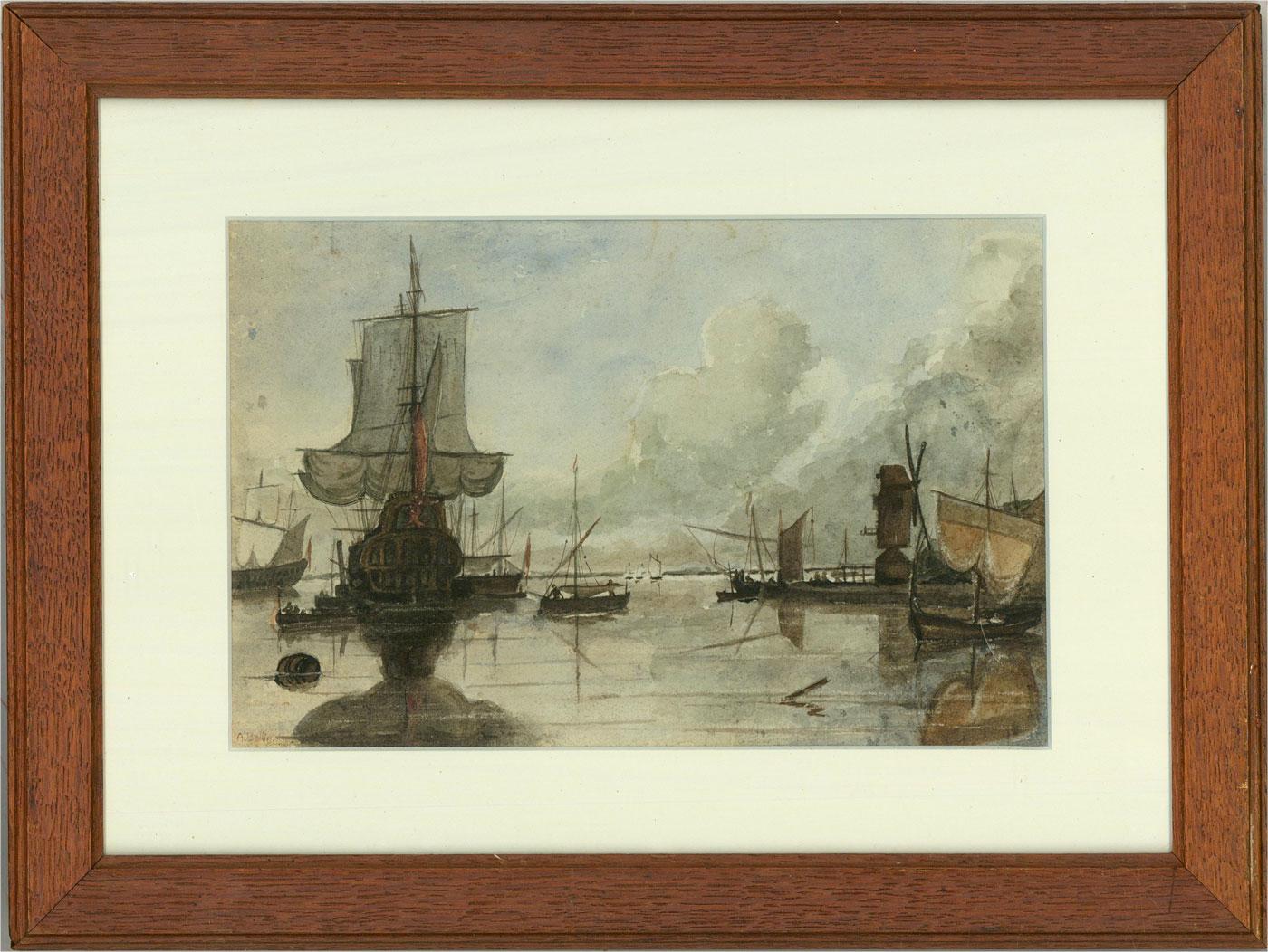 A fine nautical watercolour from the late 19th Century showing a majestic galleon anchored at a harbour on calm waters with blue skies. The artist has signed to the lower left corner and the painting has been attractively presented in an early 20th