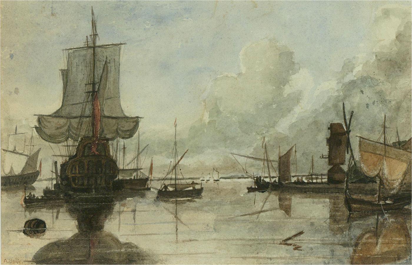 Auguste Ballin (1842–1885) - Late 19th Century Watercolour, Ships On Calm Waters 1