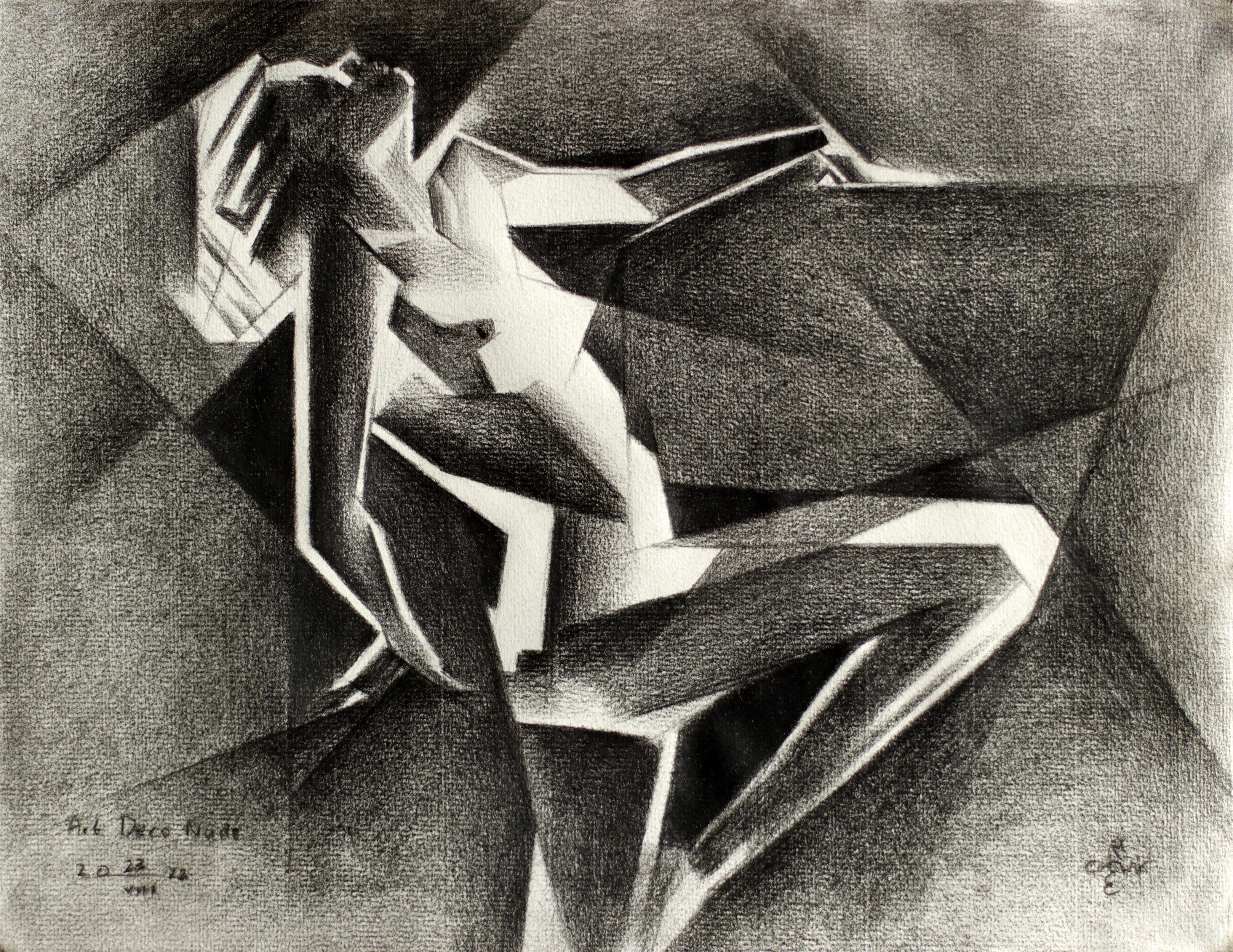 Movement    Another graphite pencil drawing â€˜Art Deco Nude â€“ 23-08-22â€™, inspired by again a smashing picture by Walter Bird. The last drawing shows a seated lady. Contrasts are always on my mind though. Not in the style but in movement this