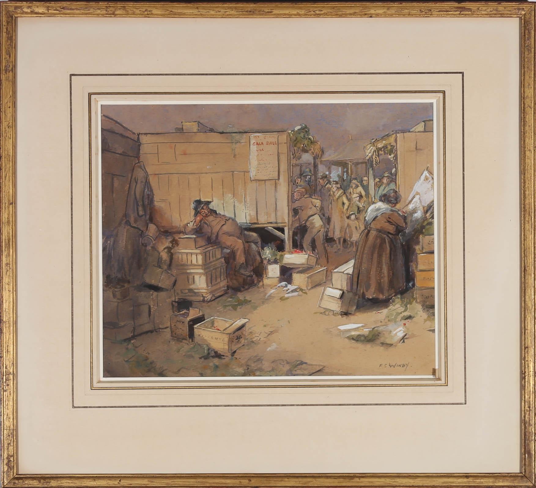 A charming and humorous watercolour illustration of a man sleeping at the back of his busy market stall despite it bustling with customers. Heightened with areas of gouache. Signed to the lower right. Presented in a glazed gilt frame. On paper.
