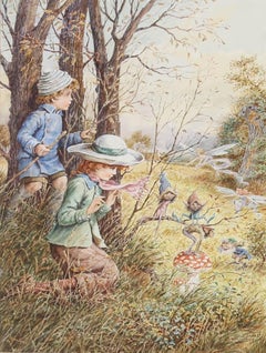 John Cecil Lund (b.1932)- Framed Watercolour, Playful Pixies & Woodland Fairies