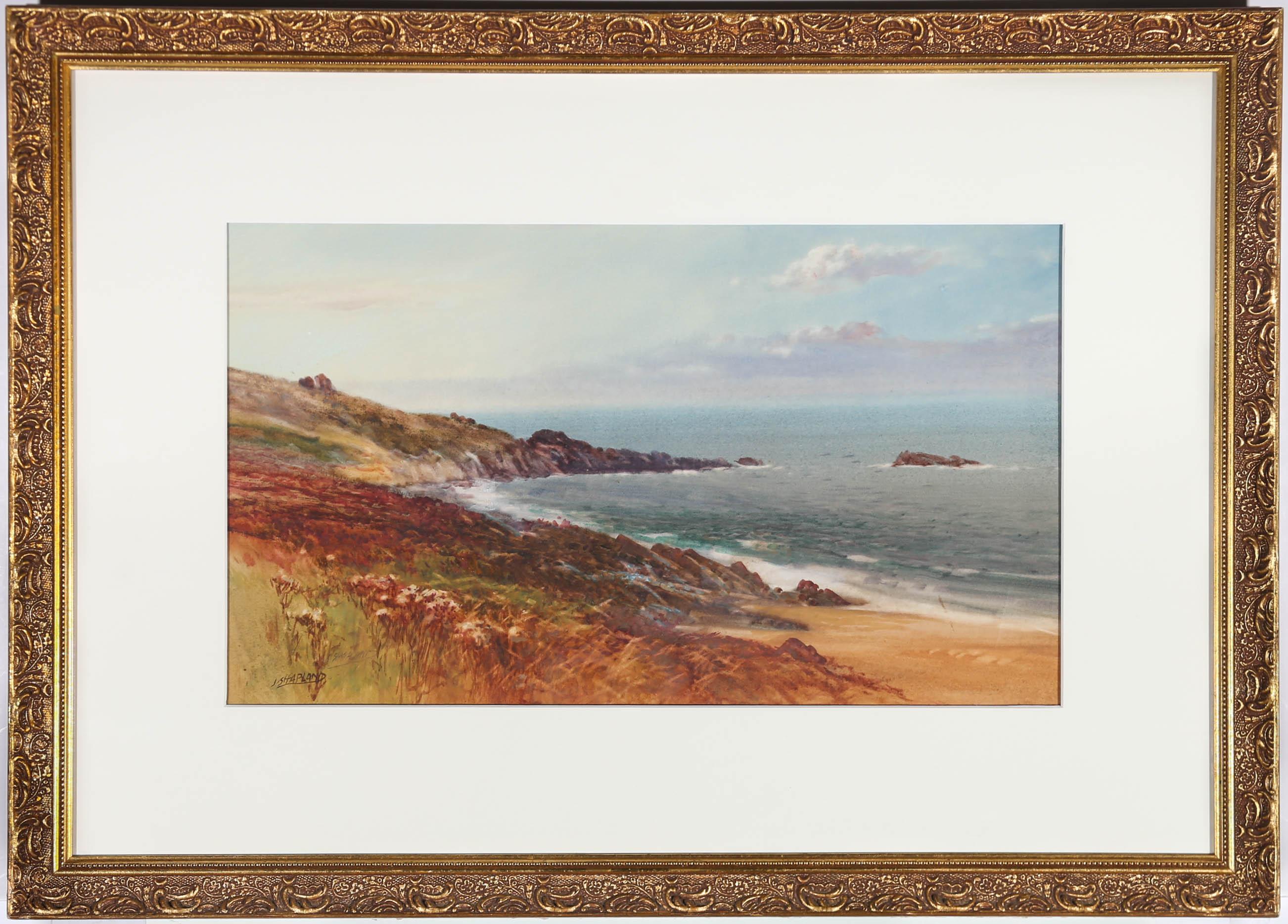 This delightful watercolour study depicting the sweeping Cornish coastline near St. Ives. The artist uses gouache to highlight textural elements in the scene such as the tips of waves and the tall grass in the foreground. Signed twice to the lower