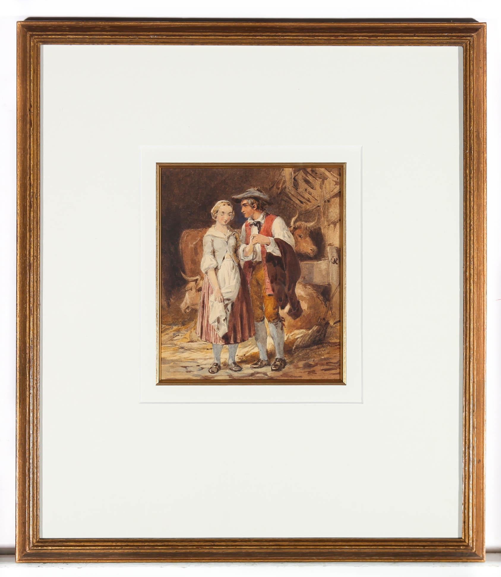 A fine late 19th century watercolour showing a young courting couple together in a cattle shed. The gentleman is pictured holding the lady's hand, mesmerised by her pure beauty. While the lady on the other hand looks sad and tearful, staring at the