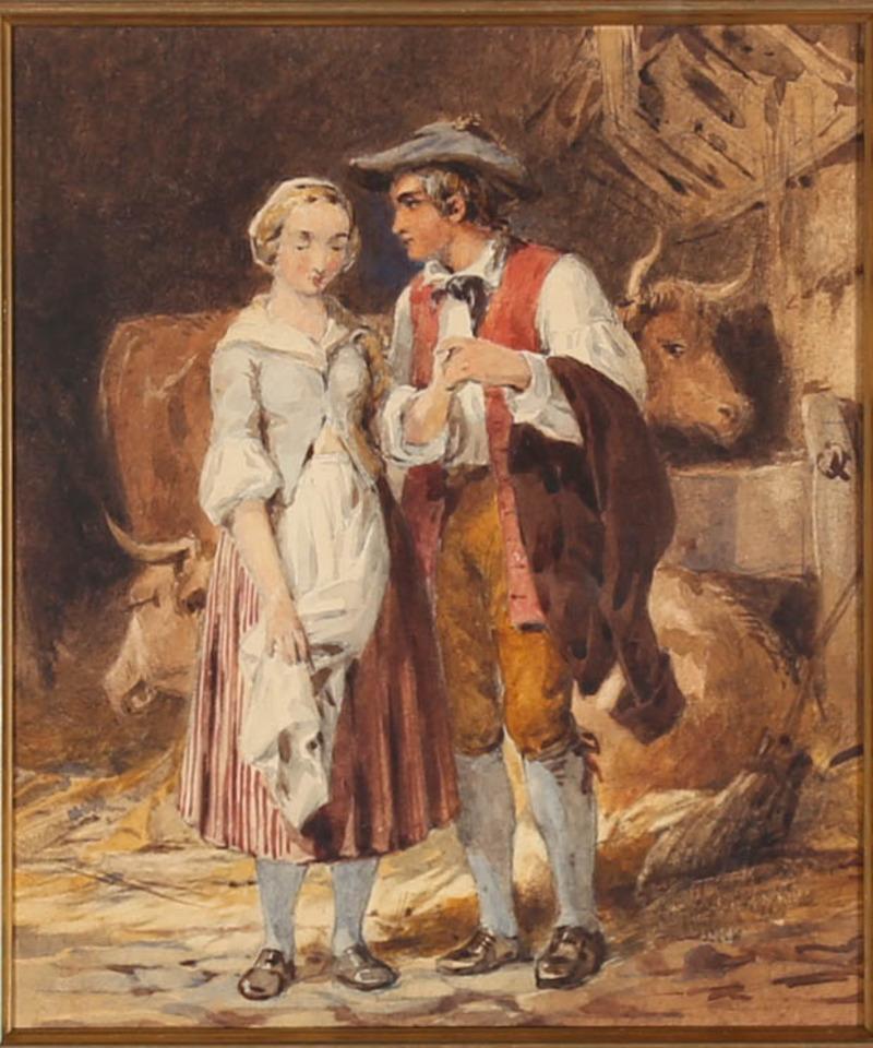 Framed Late 19th Century Watercolour - The Courting Couple - Art by Unknown