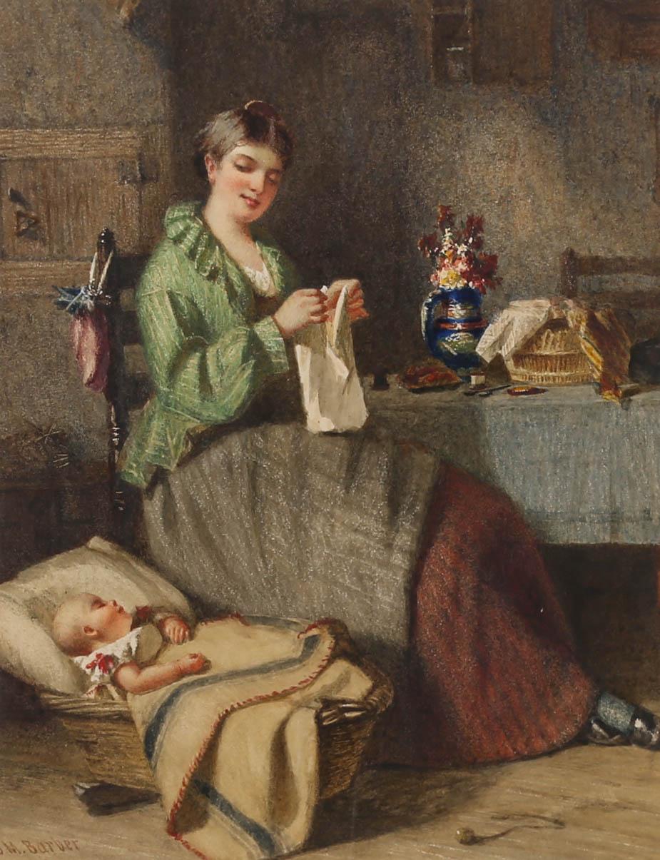This accomplished watercolour study by well listed artist Joseph Moseley Barber. The work depicts a mother working on her needlework next to her sleeping baby in a bassinet. The artist pays particular attention to the textiles within the scene,