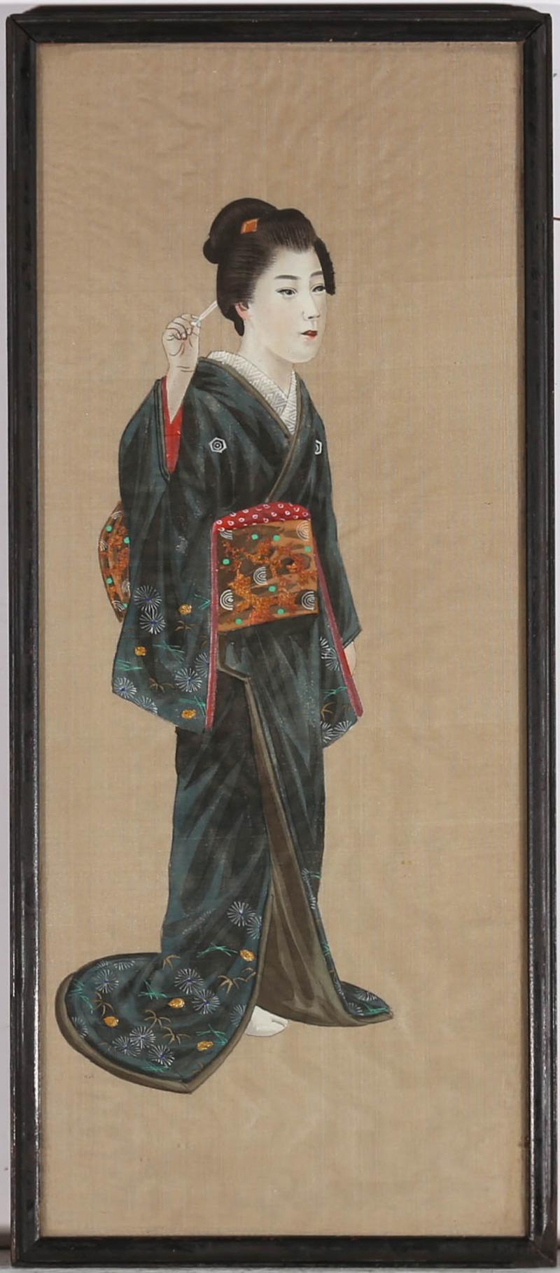 Unknown Portrait – Gerahmtes Aquarell des frühen 20. Jahrhunderts – Traditionelle Geisha