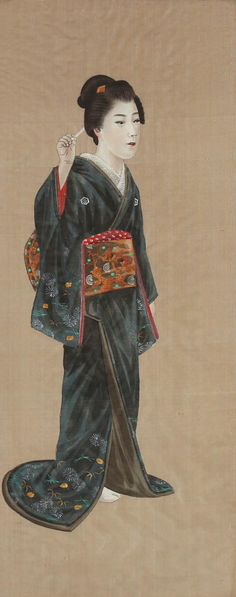 Gerahmtes Aquarell des frühen 20. Jahrhunderts – Traditionelle Geisha – Art von Unknown