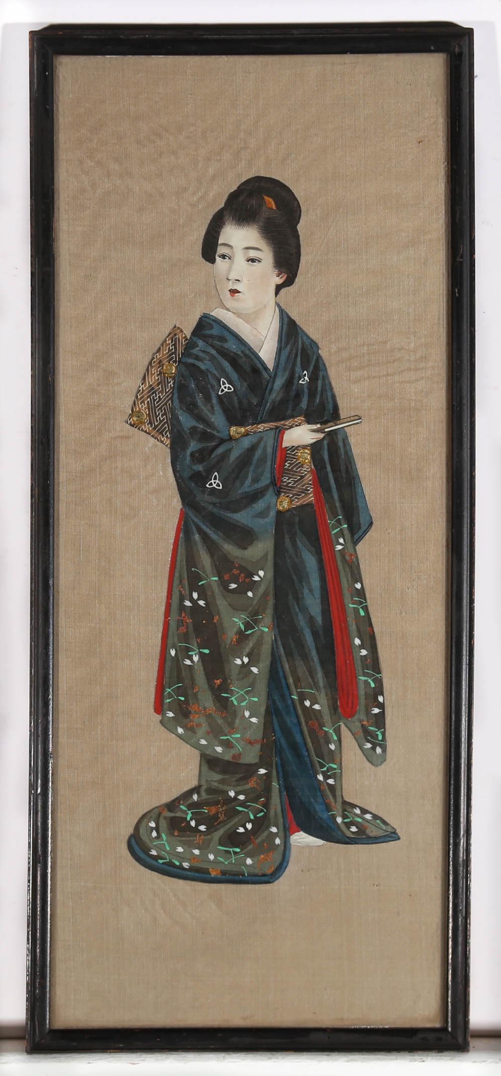 This early 20th century watercolour & gouache study depicts a beautiful Japanese Geisha wearing a luxurious silk kimono, adorned with delicate embroidery and hand-painting. Every part of her expensive kitsuke has been carefully tucked and folded