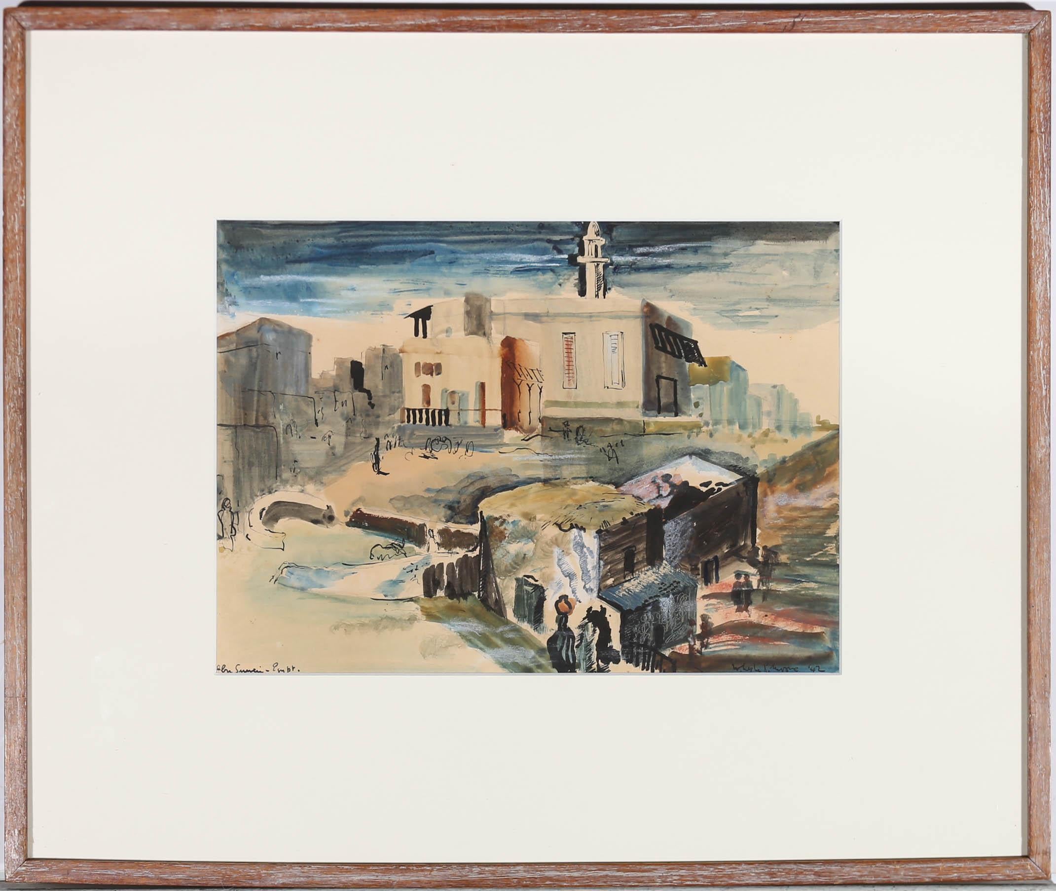 A striking 20th Century watercolour with ink, showing a group of buildings bear the historic site of Abu Simbel, Egypt. The artist has signed and dated to the lower right and inscribed the location to the lower left. The painting has been presented