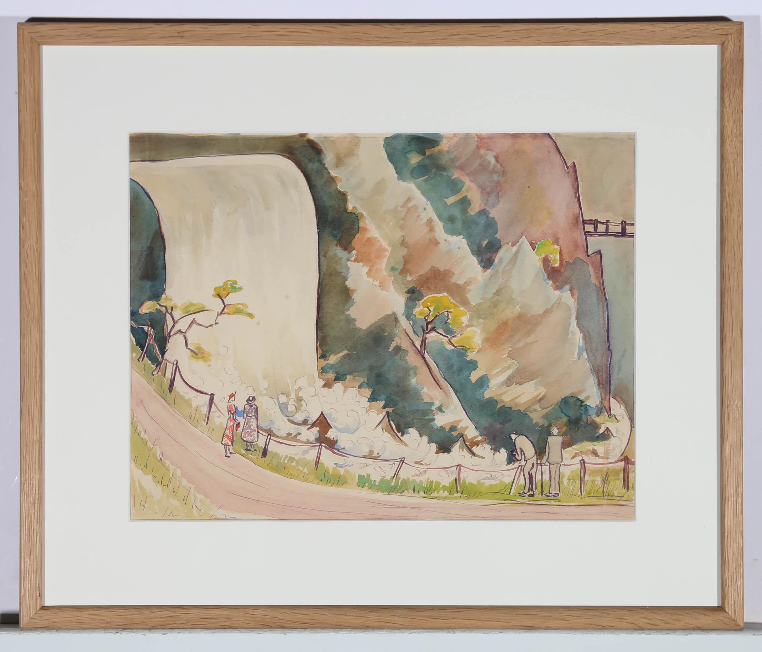 Mabel Dudley Short (fl.1920-1940) - Framed Watercolour, Admiring The Waterfall For Sale 1