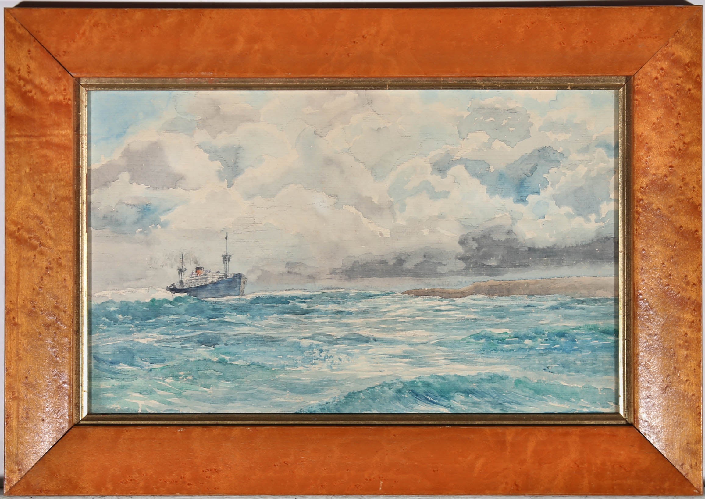 A decorative watercolour scene of a steam ship making its way over the heavy sea and just off the coast from land. The work has been left unsigned but appears to be in the manner of W.M Birchall with similar compositions and brushstroke techniques.