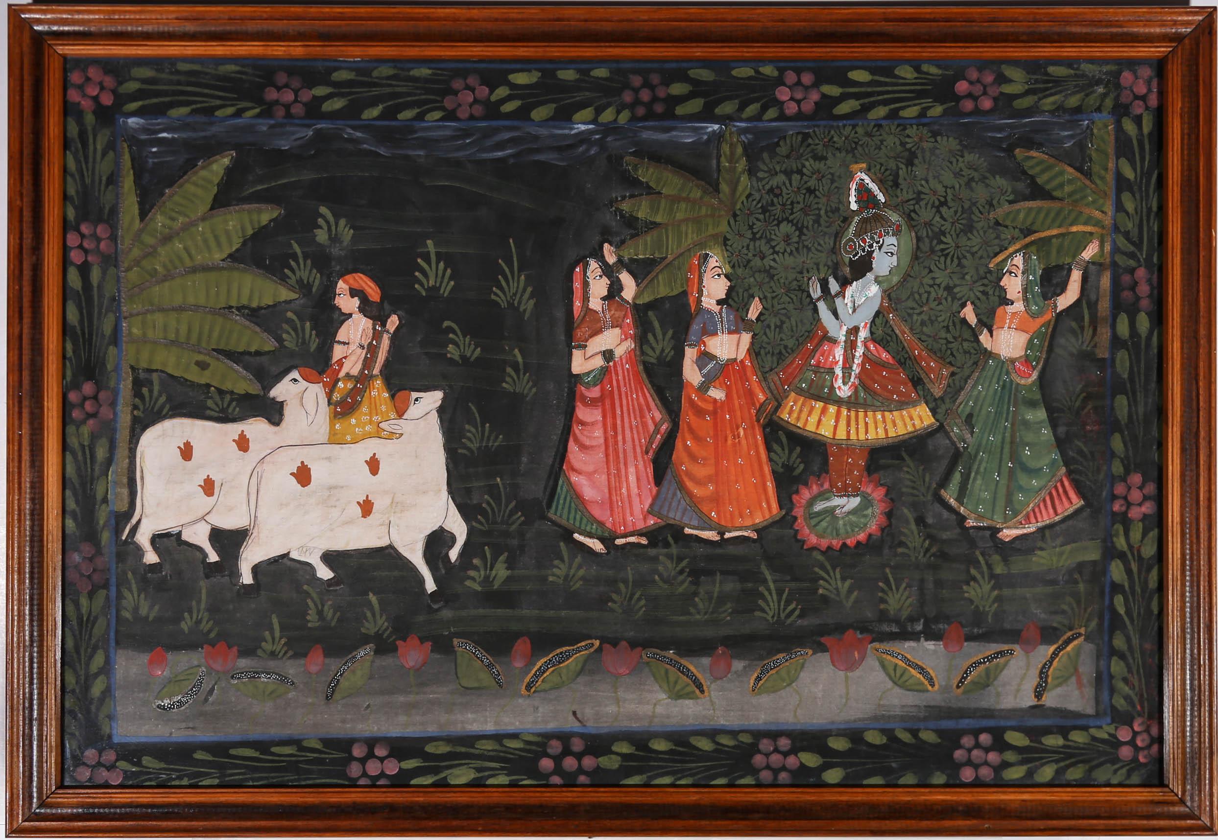 Eine dekorative und detaillierte indische Aquarell- und Gouache-Szene, die die Gopis von Vrindavan im Tanz mit dem Herrn Krishna darstellt. Die verführten Frauen sind umgeben von botanischen Bäumen und zwei heiligen Ziegen zu sehen. Alles zart