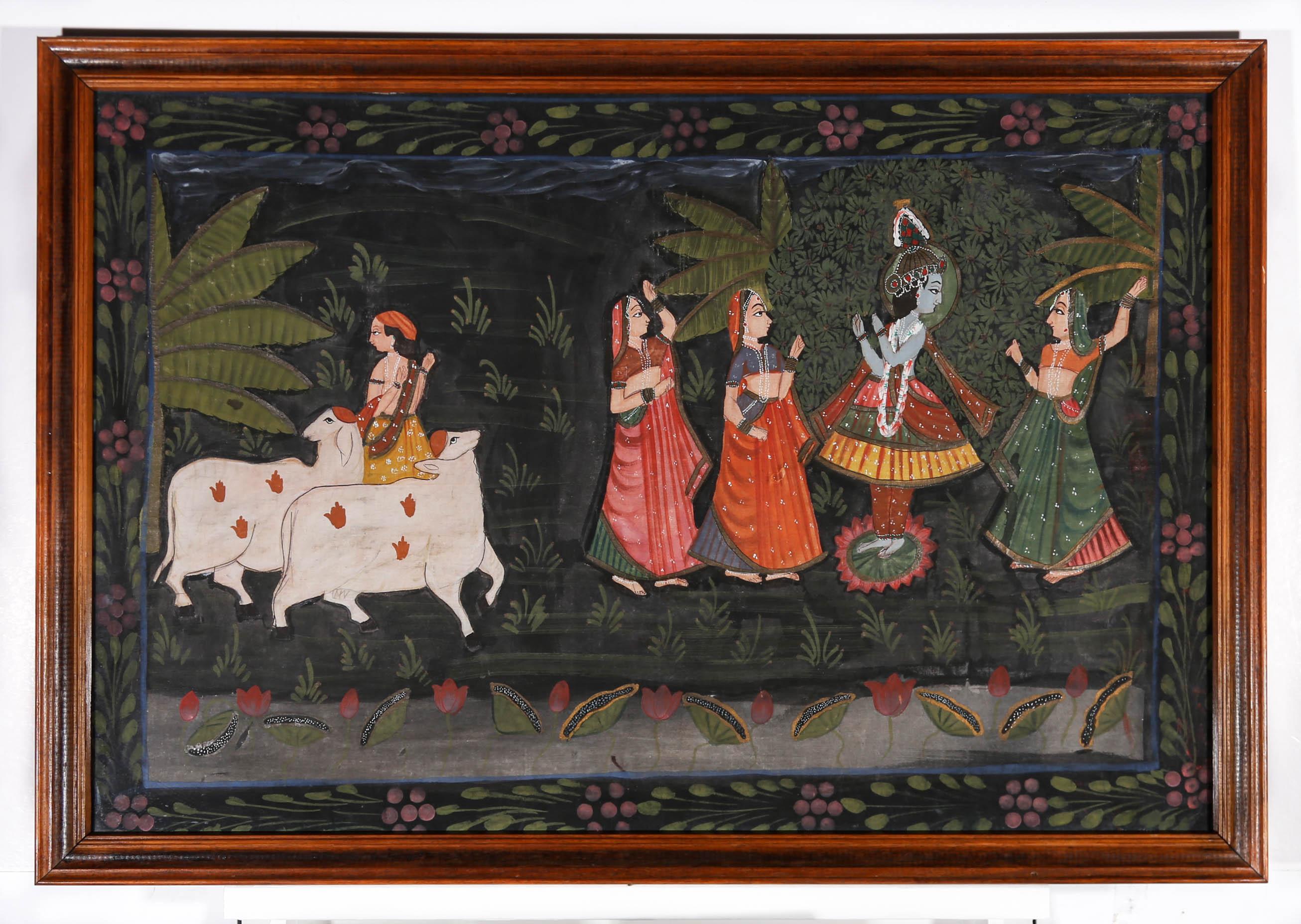 The Gopis of Vrindavan - Framed 20th Century Gouache, The Gopis of Vrindavan For Sale 2