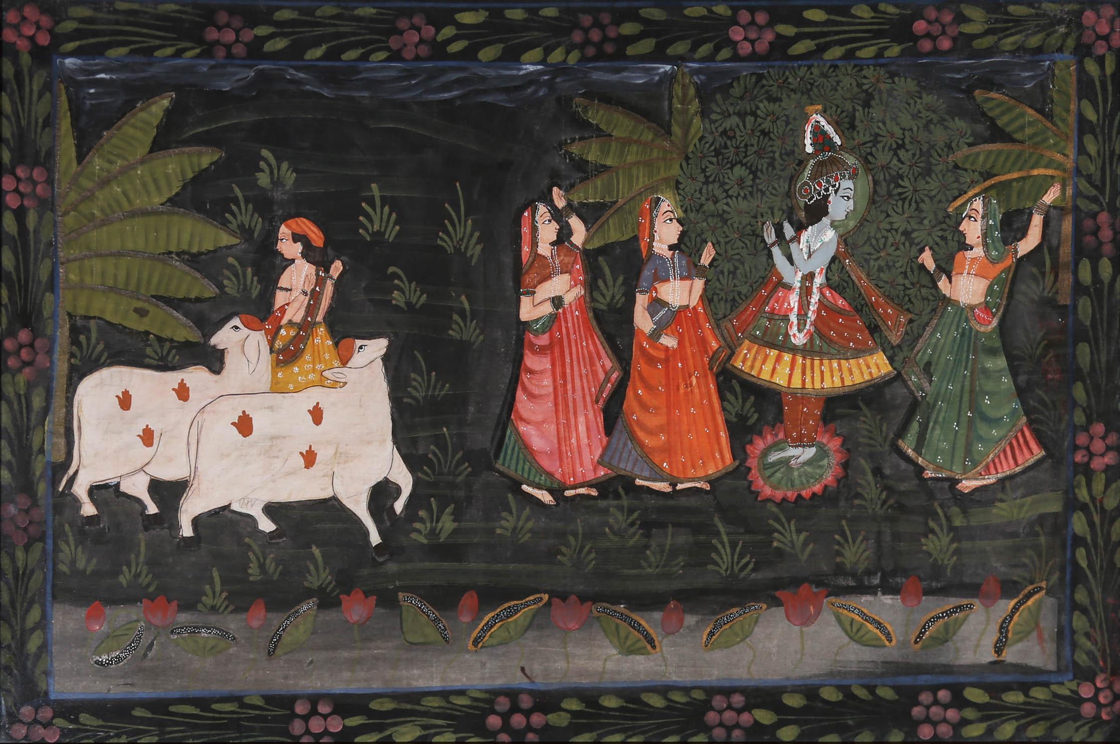 The Gopis of Vrindavan - Framed 20th Century Gouache, The Gopis of Vrindavan For Sale 1
