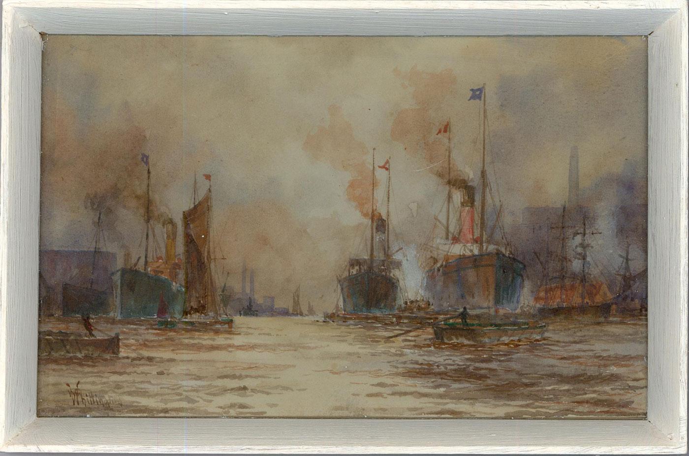 William G. Whittington Landscape Art - W. G. Whittington (fl. 1904-1914) -Watercolour, Shipping in the Pool of London