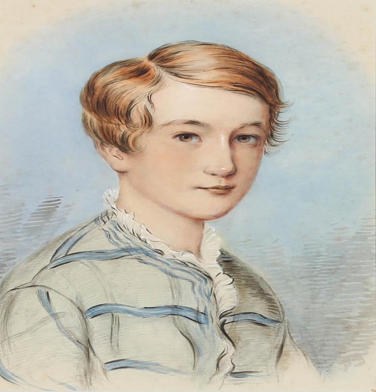 A striking mid 19th Century portrait of a boy in an attractive blue check jacket with frilled collar. His soft hazel eyes, gentle smile and blonde hair show a delicate youth in the sitter that adds much charm to the portrait. The painting is