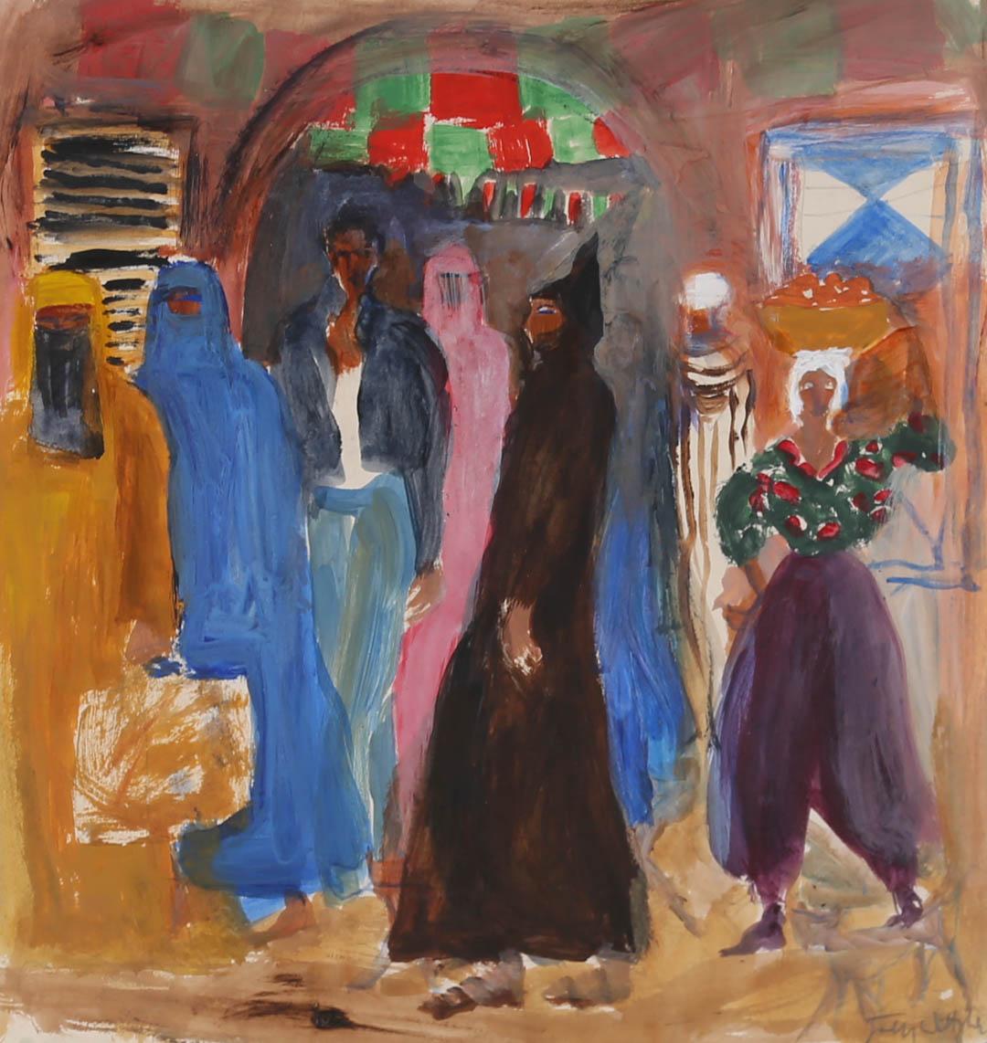 This colourful scene depicts a busy street with tall figures passing street sellers under an arched doorway. the artist uses a bright colour palette to capture this bustling scene, embracing an expressive style to capture the movement the movement