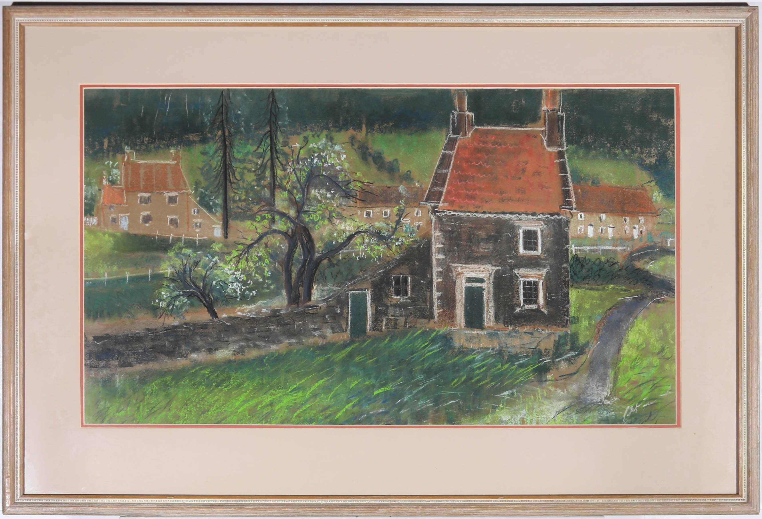 This charming pastel study depicts the village of Hutton-le hole on North Yorkshire. the artist uses a stylised technique to capture the quaint cottages winding trees in the country landscape. Unsigned. artist name and title inscribed to gallery