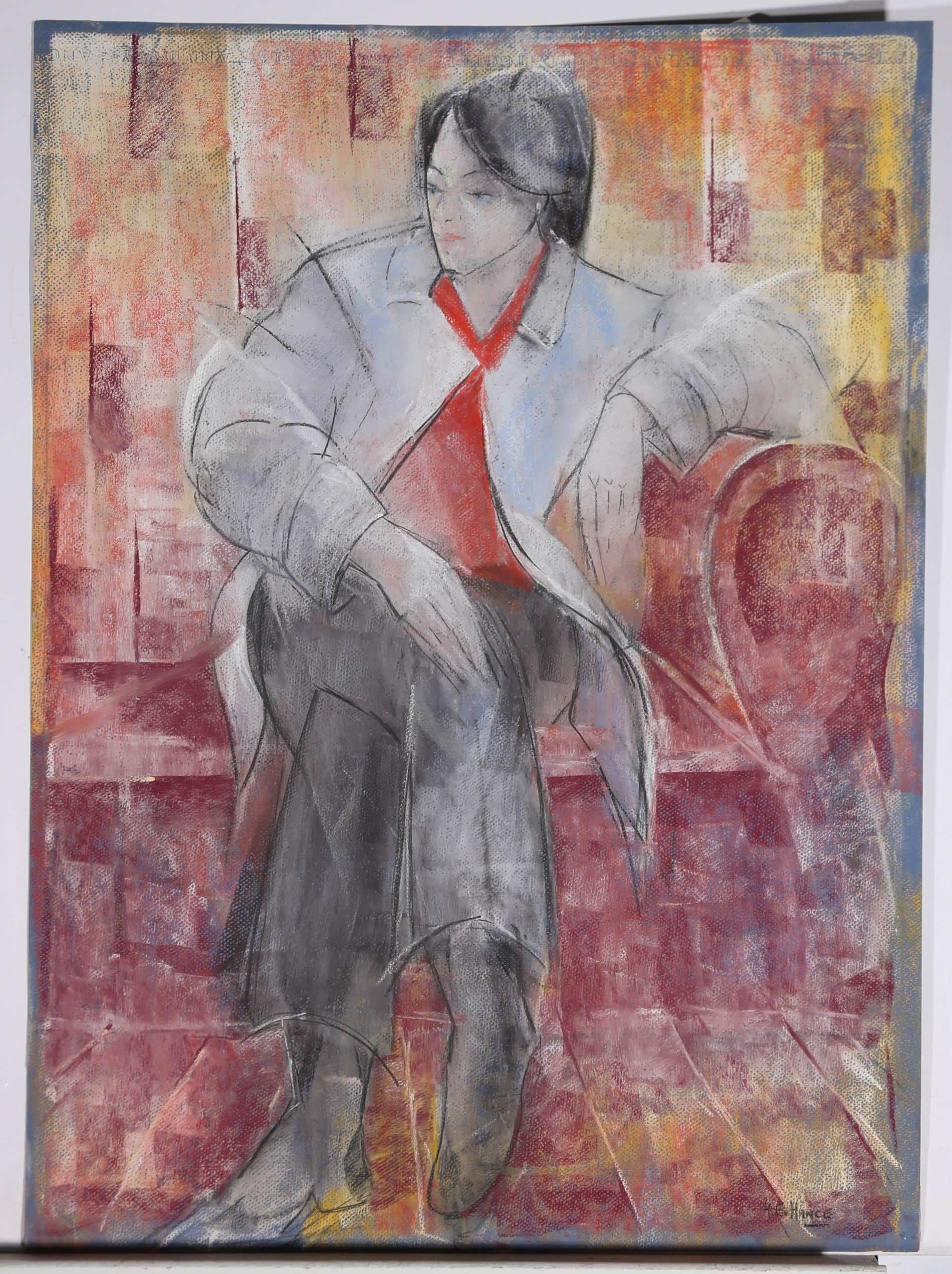 A fine modernist pastel portrait showing a stylish woman in a white coat and red shirt. The artist has signed to the lower right corner. There is a second pastel drawing on the reverse of a rooster and sparrow. On pastel paper.
