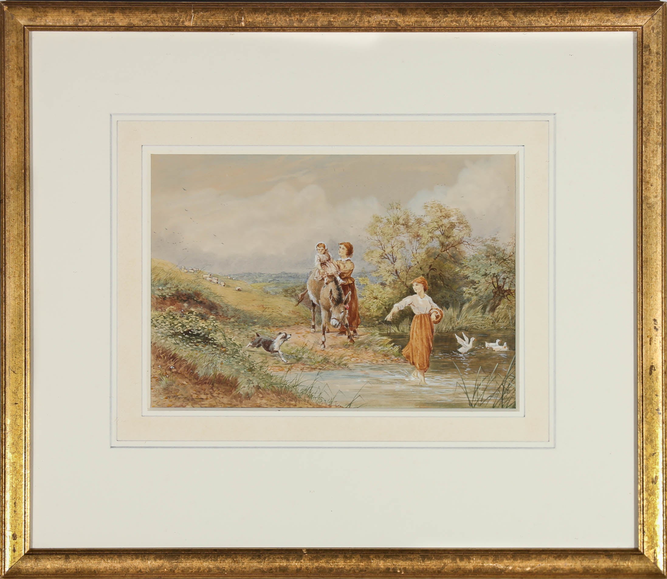 Une charmante aquarelle du début du 20e siècle représentant deux personnages soutenant un jeune enfant sur un âne qui se dirige à contrecœur vers le ruisseau. Peint dans les moindres détails. Rehaussé de zones de gouache. Signé en bas à gauche.