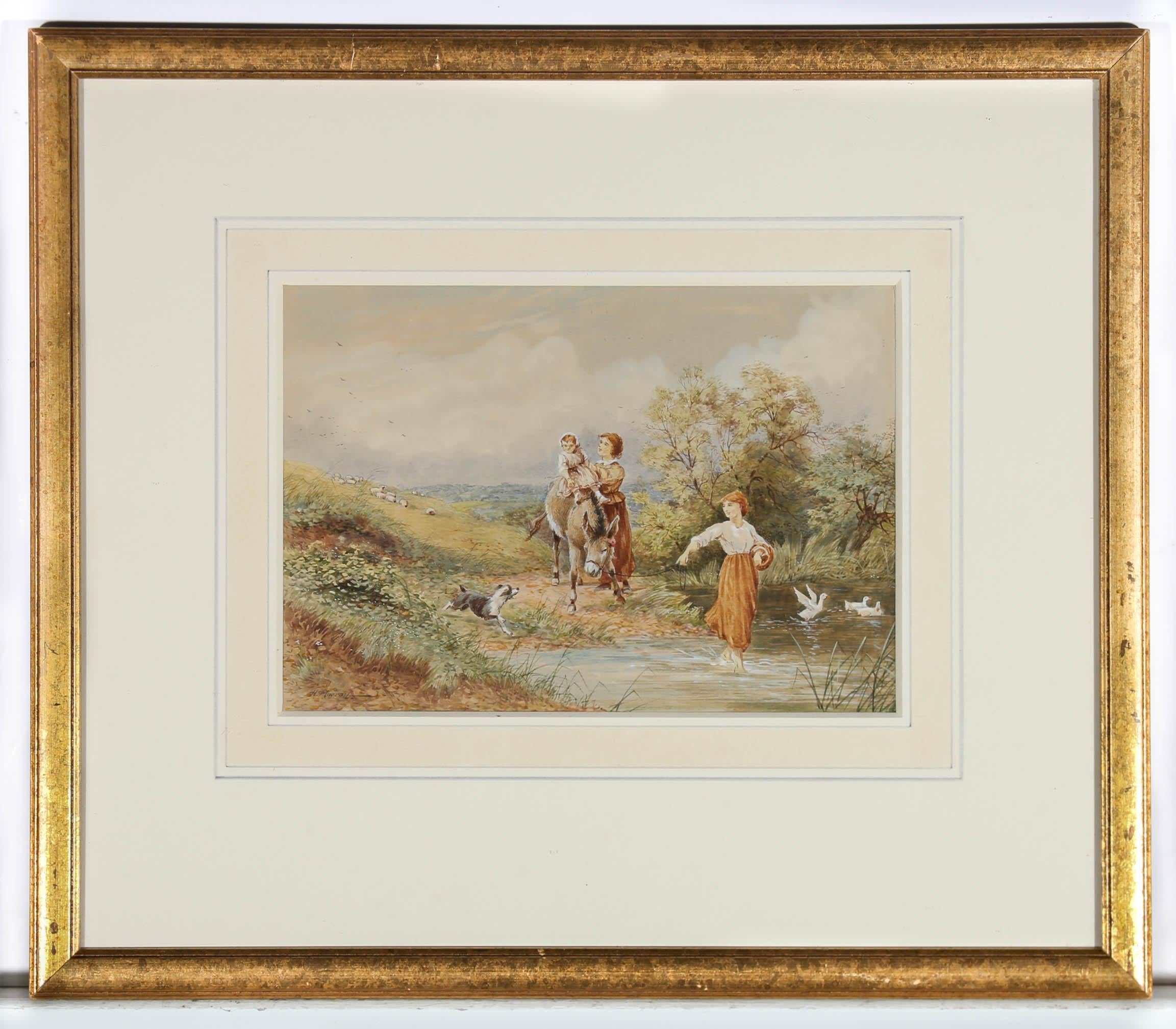 A charming early 20th Century watercolour depicting two figures propping a young child up on a donkey who reluctantly heads into the stream. Painted in fine detail. Heightened with areas of gouache. Signed to the lower left. Presented in a glazed