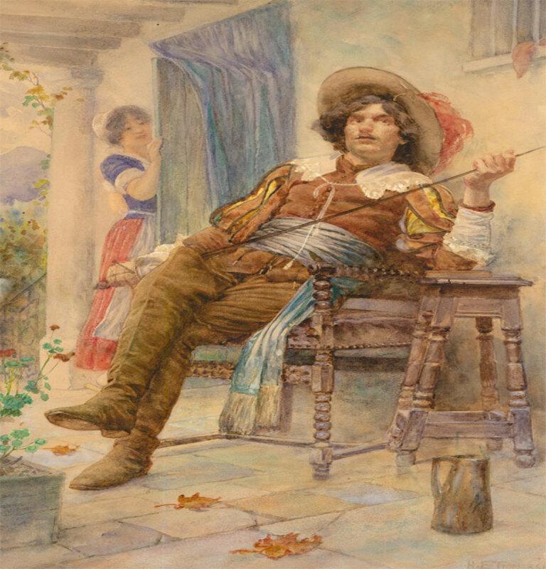 This charming scene depicts a woman dreamily looking upon a resting musketeer who does not seem to recognise her presence. The artist show the man looking unto the distance, resting his sword across his knee, a world away from his admirer in the