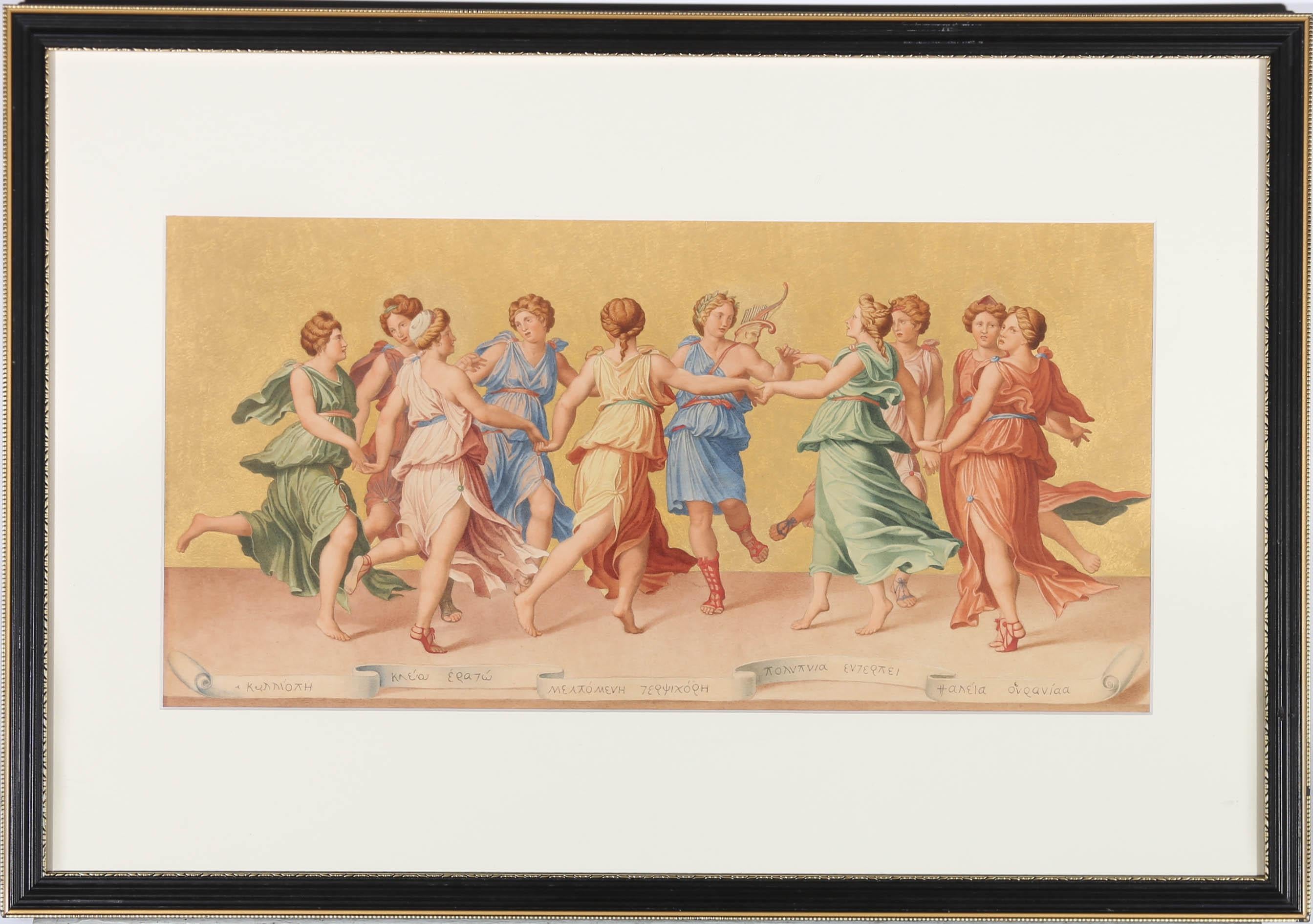 Une belle copie d'aquarelle du XIXe siècle de l'œuvre originale conservée au palais Pitti, à Florence, en Italie. Dix personnages en pied ; Apollo au centre, vêtu d'une robe classique masculin/féminin et de bottes en peau de daim ajourées, un