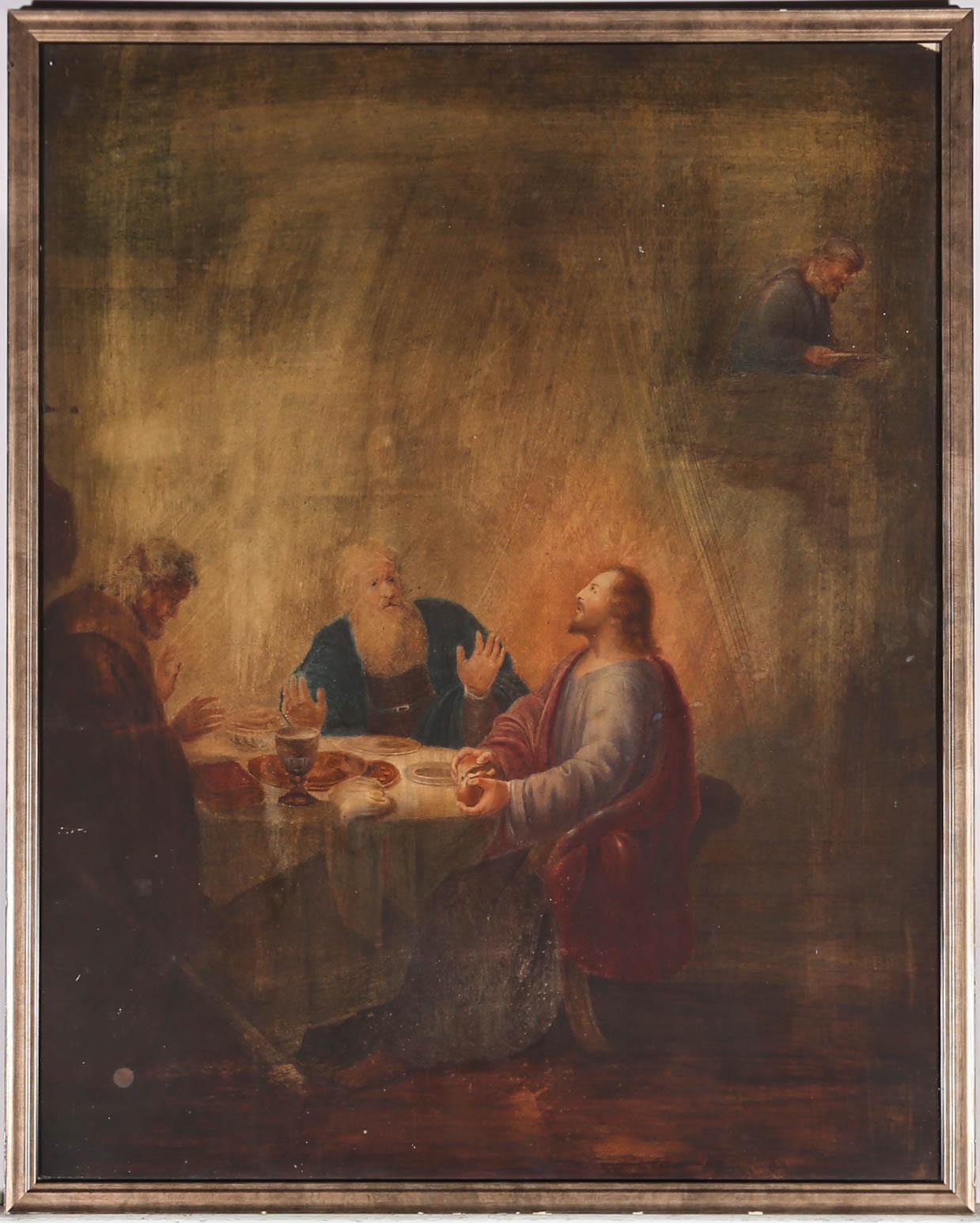 This charming 19th century Dutch Old Master school study is taken from Dirck van Santvoort's 1633 painting of Christ revealing himself to the pilgrims of Emmaus. The original now hangs in the Louvre and is heavily inspired by Rembrandt's painting on