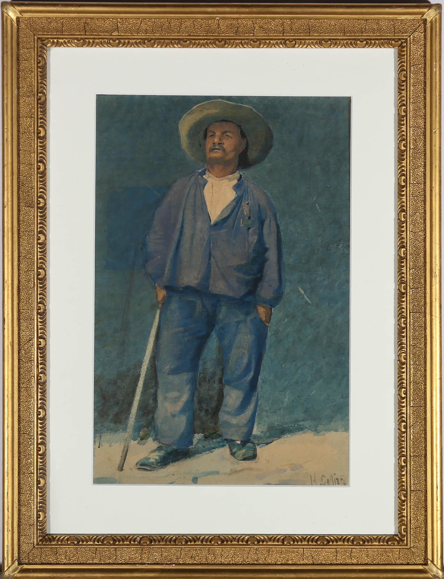 Attribut. Hector Caffieri (1837-1942) - Französisches Aquarell, Landwirt mit Stab