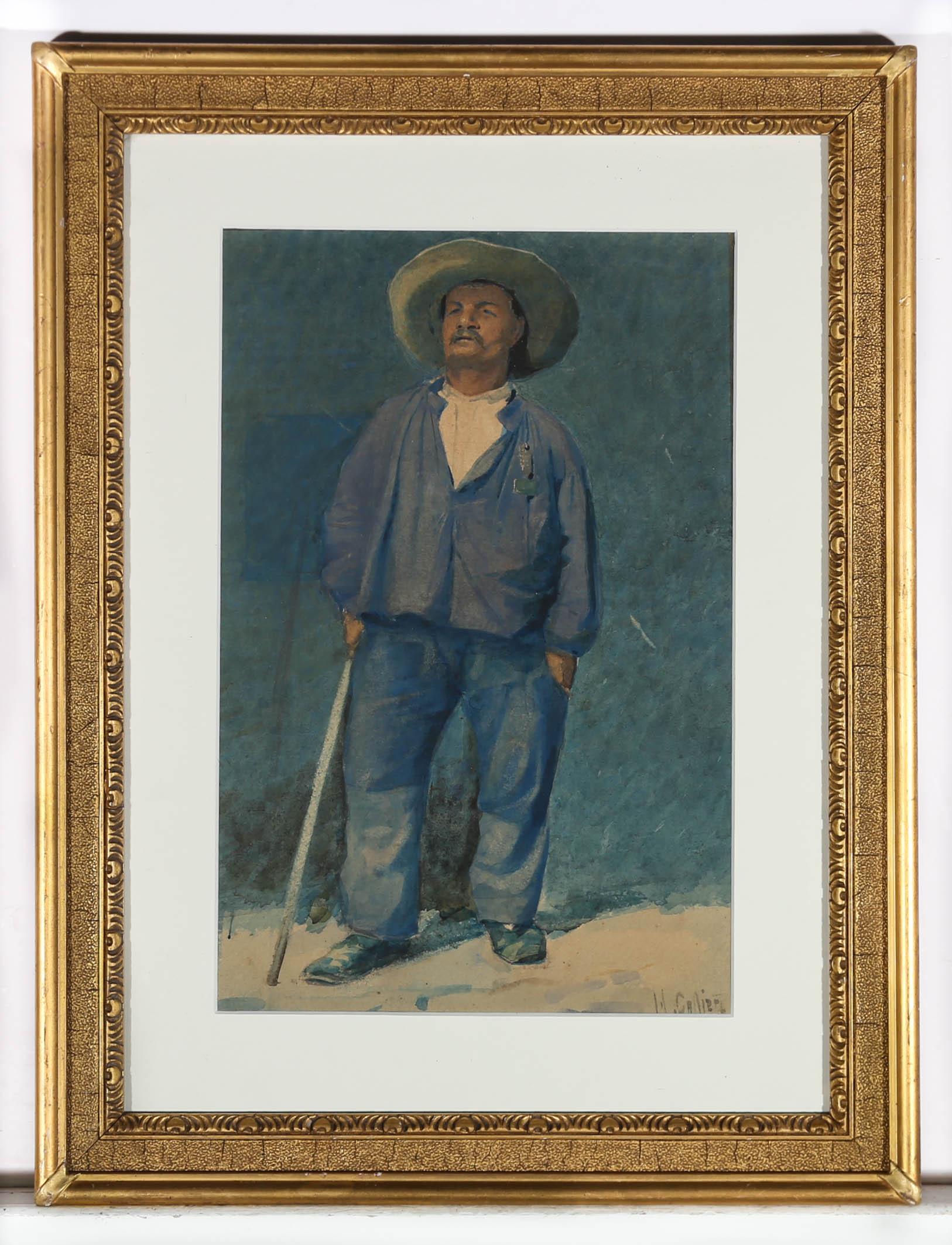 Attribuire. Hector Caffieri (1837-1942) - Acquerello francese, Contadino con bastone in vendita 2