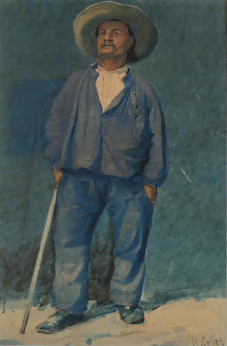 Attribuire. Hector Caffieri (1837-1942) - Acquerello francese, Contadino con bastone in vendita 1