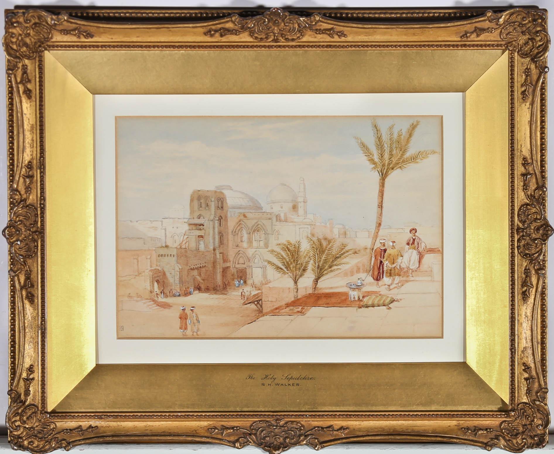 Belle aquarelle de l'artiste victorien Robert Hollands Walker (fl.1882-1920), représentant une vue surélevée du Saint-Sépulcre et du quartier chrétien de Jérusalem. Signé avec un monogramme en bas. Le tableau est bien présenté dans un cadre élaboré,