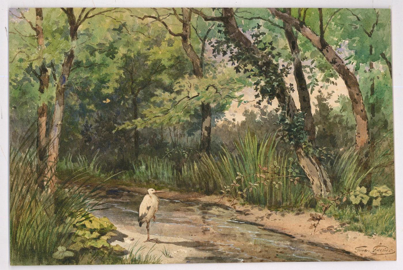 Jean Baptiste Georges Gassies (1829-1919) - Acuarela, Cigüeña junto a un río en venta 2