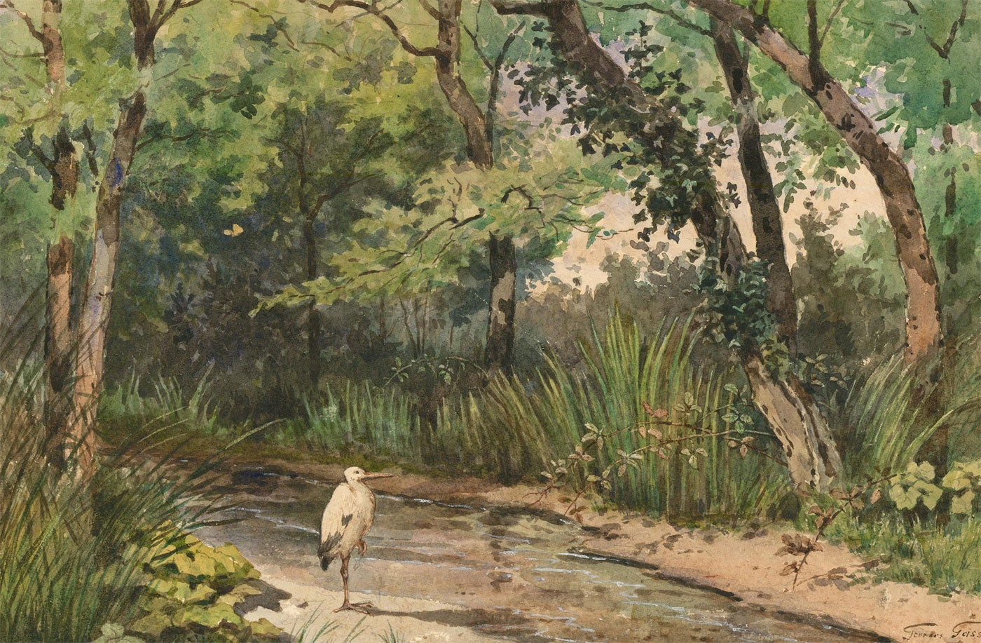 Una encantadora escena en acuarela de una cigüeña de pie junto al río mirando el paisaje boscoso. Firmado en la parte inferior derecha. Sobre el papel.
