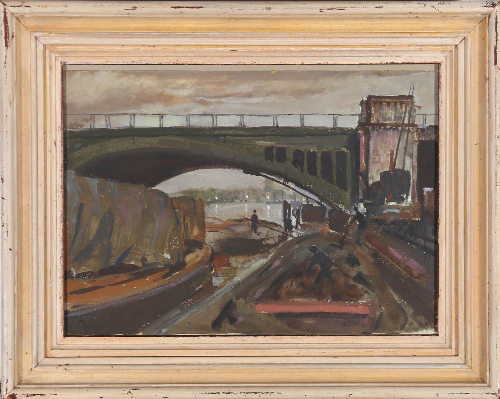 A charming gouache study of men working on barges under a bridge on the River Thames. The artist uses a dark palette to capture the atmosphere of a cloudy London day. Presented in a glazed wooden frame. Signed to the lower left. On paper laid to