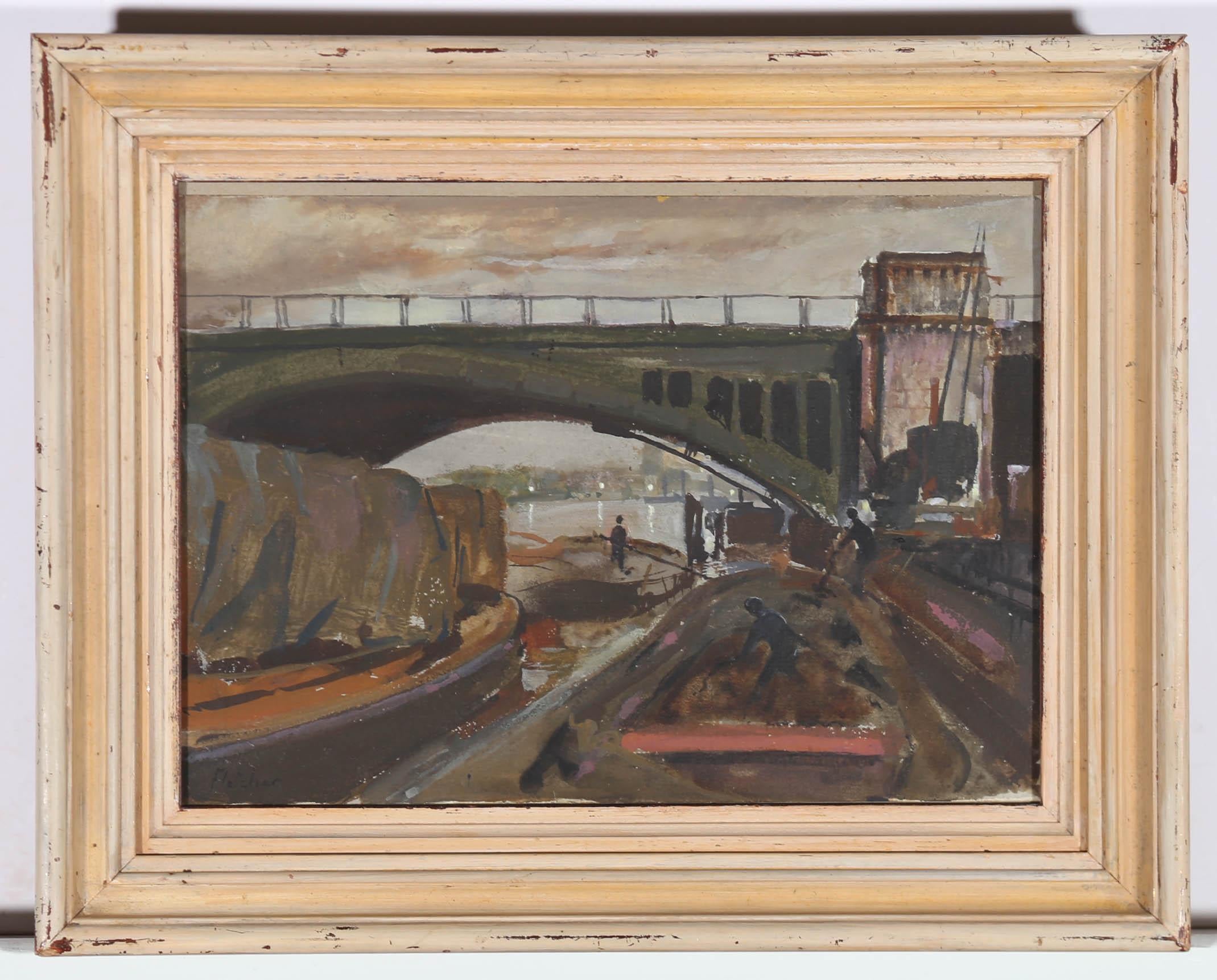 Fletcher - Early 20th Century Gouache, Barges on The Thames For Sale 2