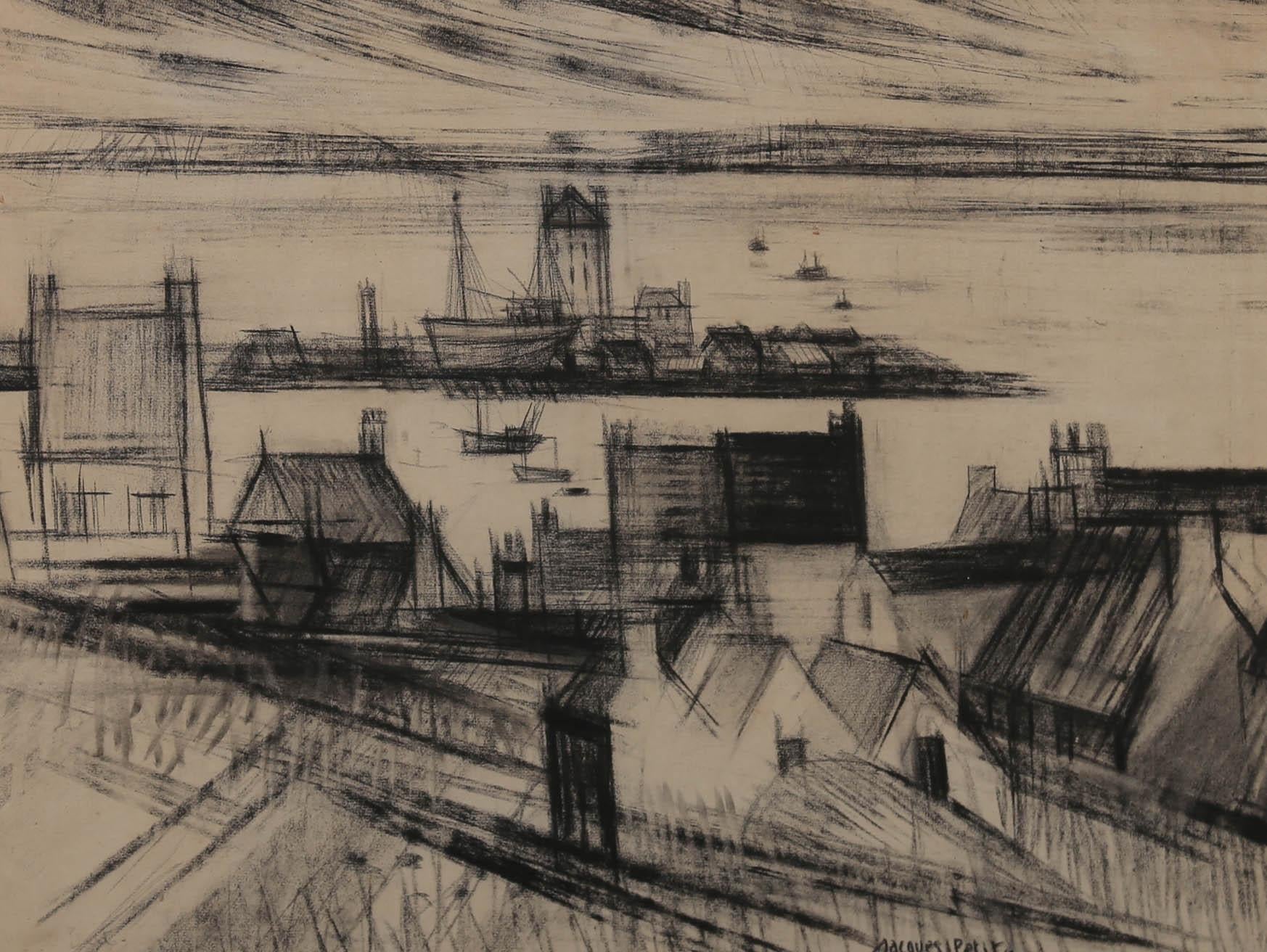 A wonderful mid-century drawing by the French artist Jacques Petit. The study depicts a bustling harbour scene with ships going out to see. The rooftops of the coastal houses crowd the foreground and dockyard buildings can be spotted in the
