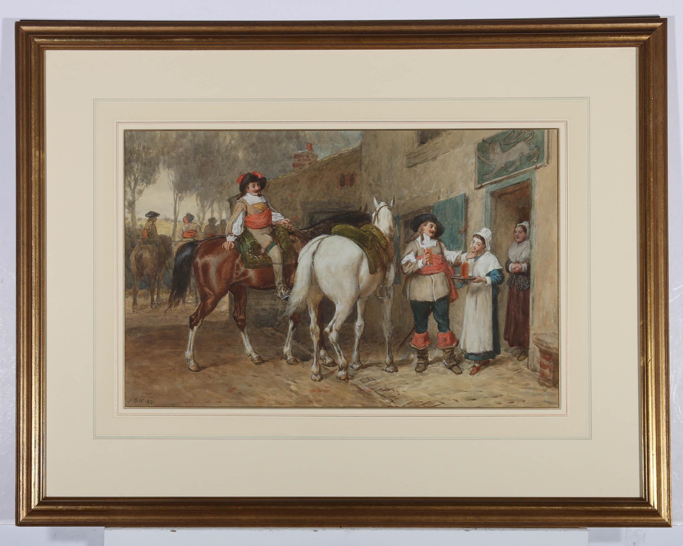 This fine watercolour study depicts a scene of mounted Cavalier stopping at a village inn. The rest of the men look ready to make haste, while the last two are left lingering for a second pint of ale and a look at the innkeeper's beautiful daughter.