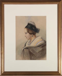Antique Jules Laurens (1825-1901) - 1857 Watercolour, Girl with the Lace Bonnet
