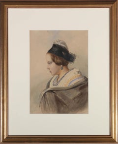 Jules Laurens (1825-1901) - 1857 Aquarell, Mädchen mit Spitzen Bonnet