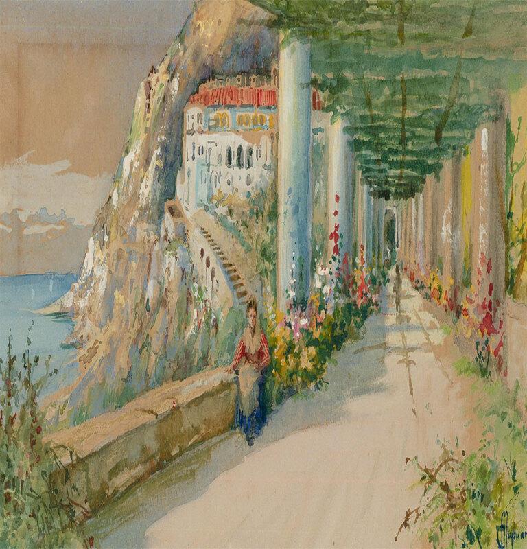 A charming scene by well listed artist Michele Capuano depicting an Italian town at sunset. A woman sits on a wall on a flower-lined pathways. The artist has heightened the painting with areas of gouache. Signed to the lower right. Presented in a