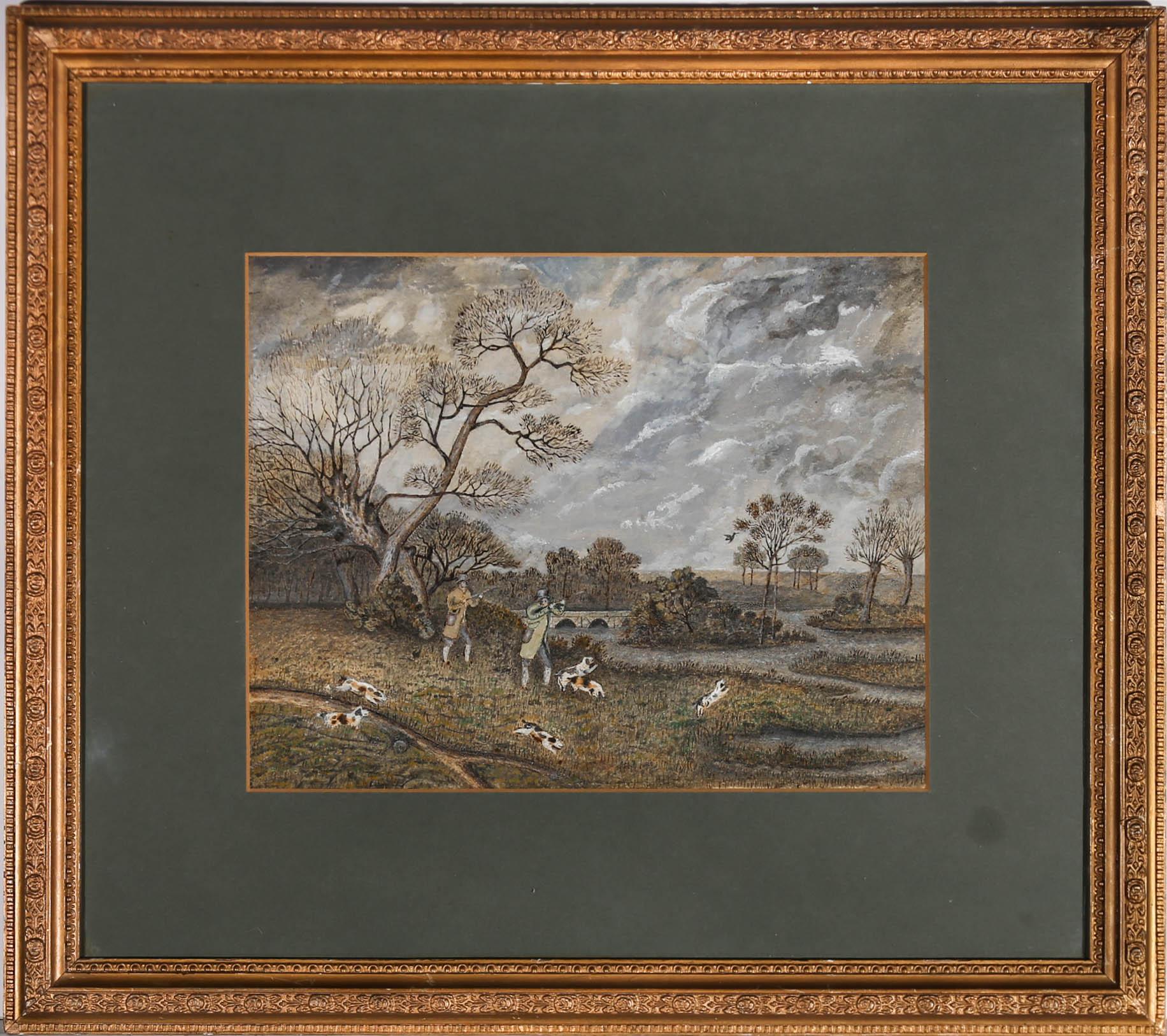 Unknown Landscape Art - Framed Naive 19th Century Watercolour - Walking Guns in a Landscape