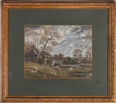 Antique Framed Naive 19th Century Watercolour - Walking Guns in a Landscape