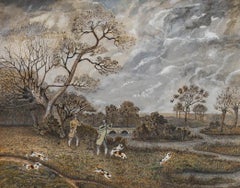 Framed Naive 19th Century Watercolour - Walking Guns in a Landscape