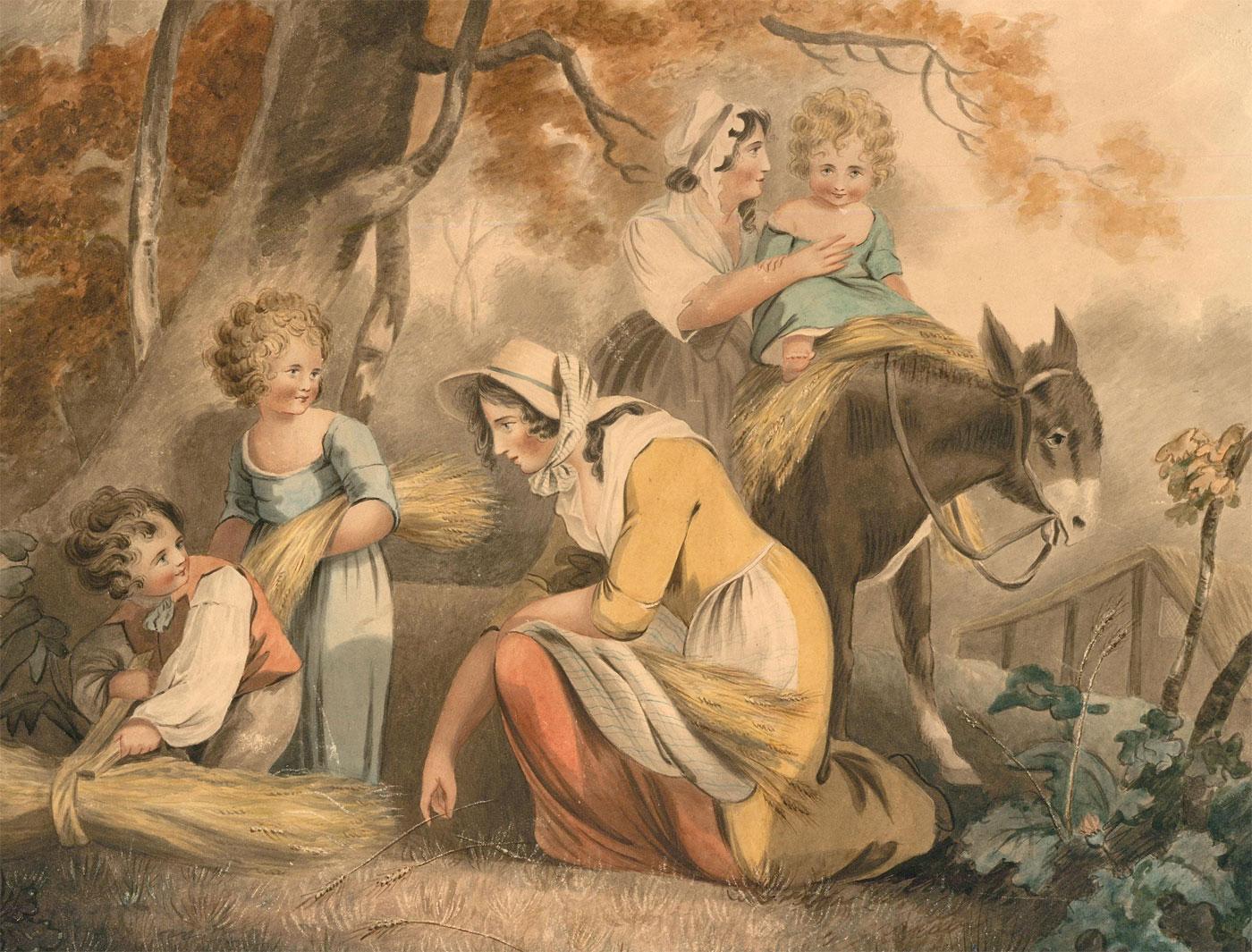 A wonderful and very detailed late 18th or very early 19th century watercolour study depicting a family harvesting hay in a woodland setting. This romantic interpretation of rural living is finely painted, with three small children gathering a