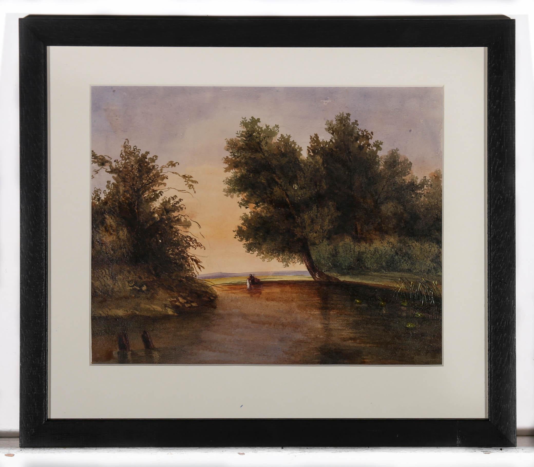 Wash day! This charming scene from the 19th century period, depicts a figure washing clothes at the side of a quiet lake. The watercolour has been immaculately presented in a new card mount and contemporary black frame. Unsigned. On paper.
